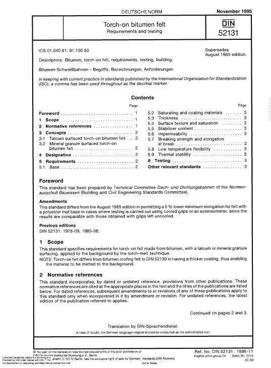 DIN 52131-1995 TORCH-ON BITUMEN FELT - REQUIREMENTS AND TESTING