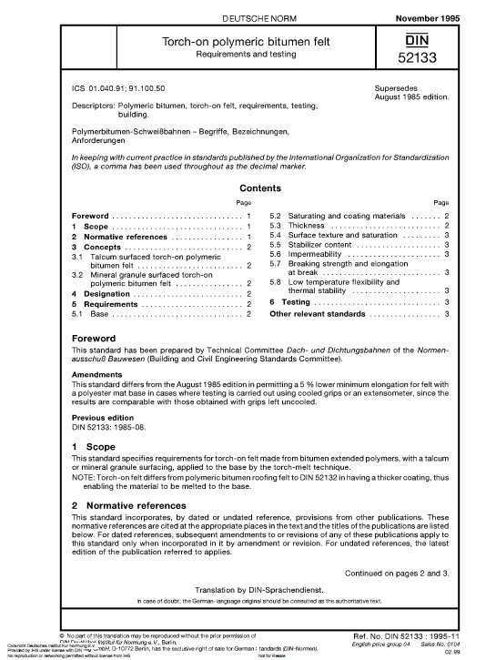 DIN 52133-1995 TORCH-ON POLYMERIC BITUMEN FELT - REQUIREMENTS AND TESTING