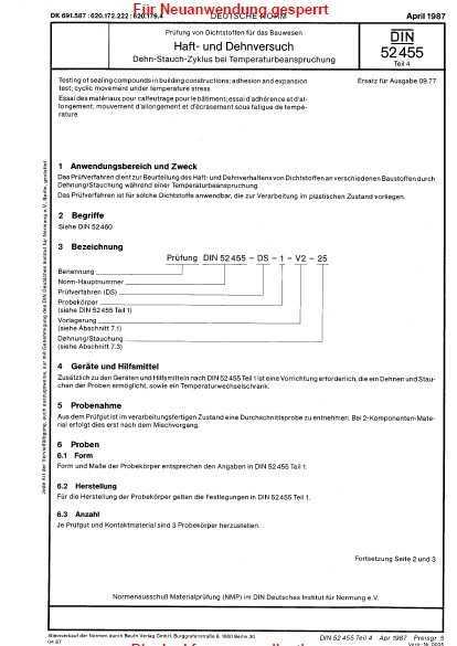 DIN 52455-4-1987 Testing of building construction sealants; determination of adhesioncohesion when s