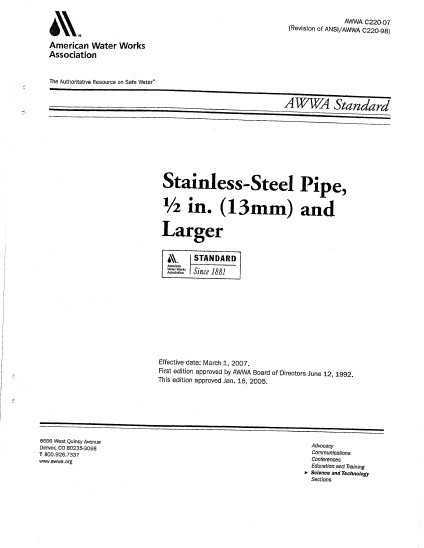 AWWA C220-2007 Stainless-Steel Pipe, 12 In. (13 mm) and Larger
